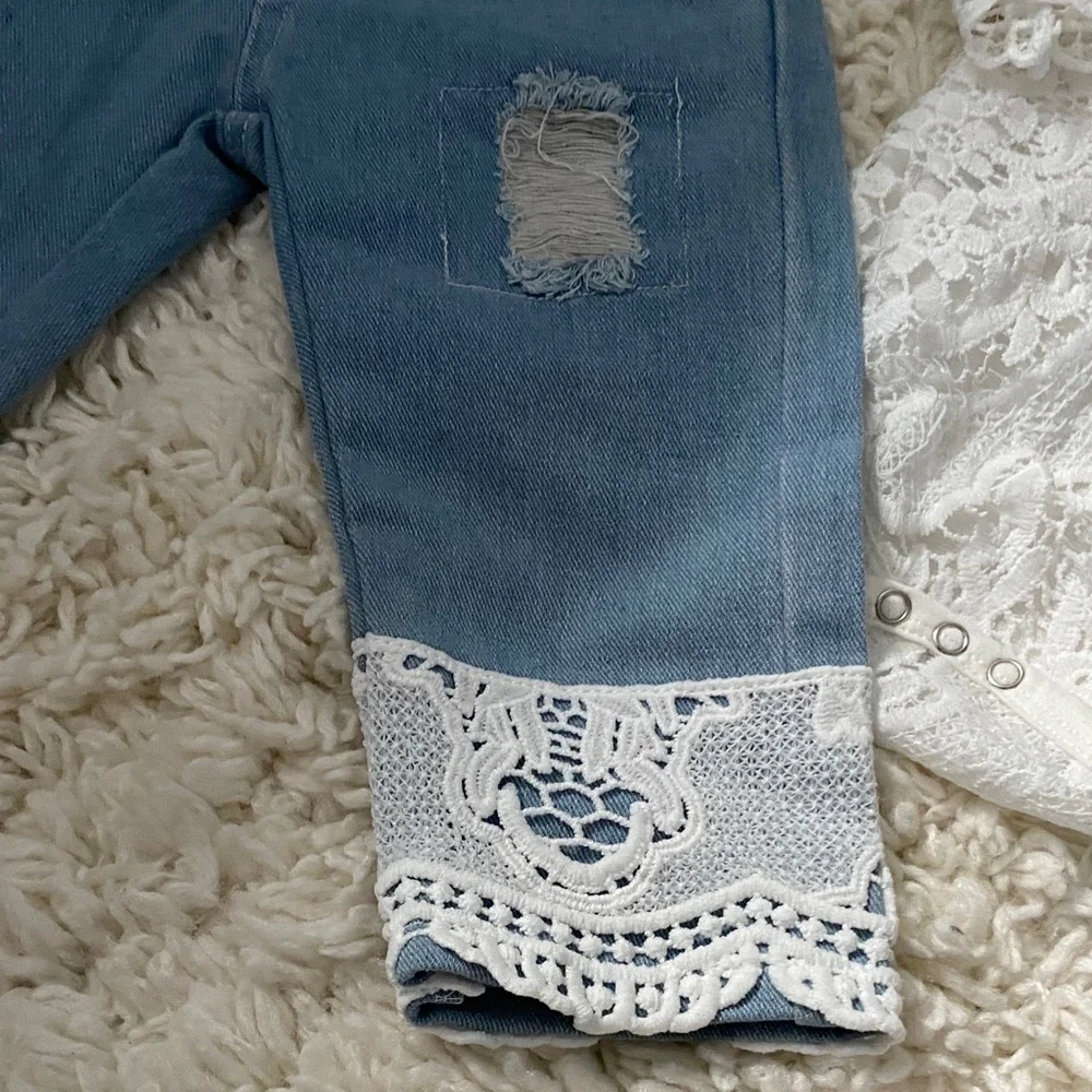 girls size 18mo -24mo matching set White Lace 1pc top Blue Jeans w white lace ¥